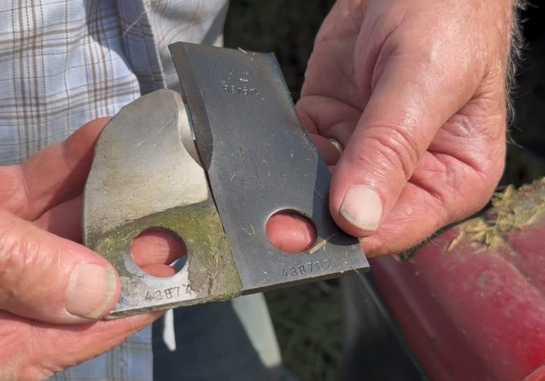 Hands holding two metal agricultural mower blades